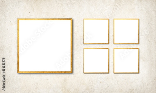 Five Golden Frames on Textured Vintage Wall. 5 Photo White empty Blank and Borders of Gold. Pictures Frame Collection For Photography and Wall Art Mockups. 3D Design. Pro Realistic Illustration. 