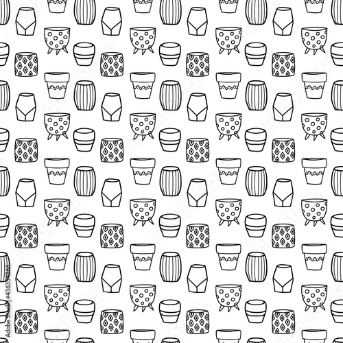 Seamless pattern with flowerpots on a white background. Monochrome vector doodle style background