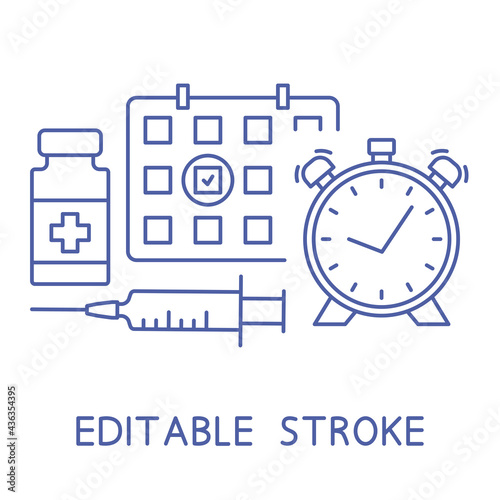 Vaccination schedule line icon. Time to vaccinate. Immunization concept. Syringe, vaccine bottle, calendar and alarm clock. Health care and protection. Medical treatment. Editable stroke