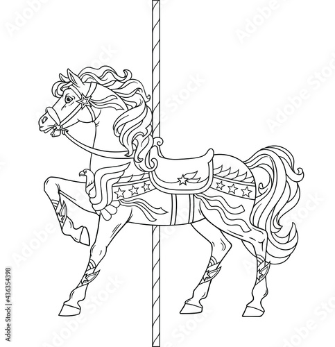 Carousel Horse, Merry go round horse, French carousel, Stars and ribbons, Retro carousel, Parks, Funfair carnival. Vector illustration of carousel horse on carnival ride