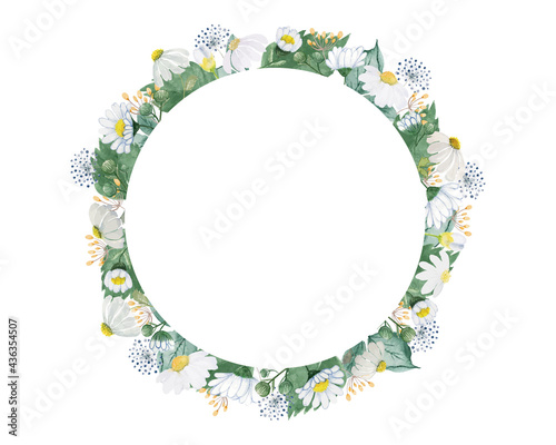 Vintage white flowers with green leaves circle frame painting watercolor illustration