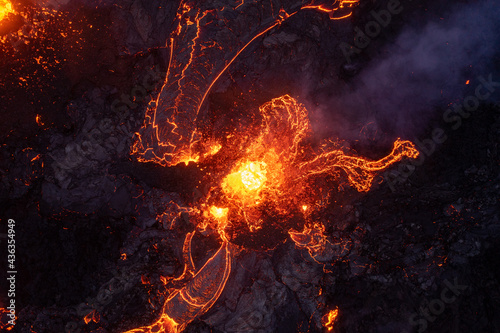 Lava rivers from crater at Geldingadalur volcanic eruption in Iceland 2021
