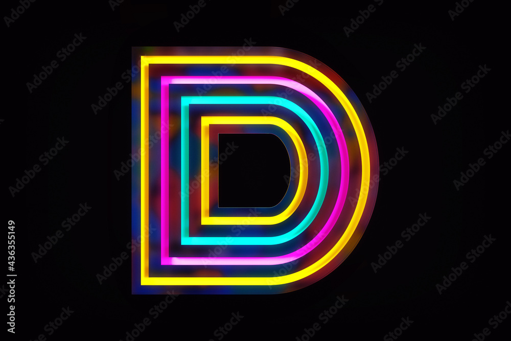 Neon font with colorful lighting lines in pop art style. Letter D high quality 3D rendering. Neon font with colorful lighting lines in pop art style. Letter D high quality 3D rendering.
