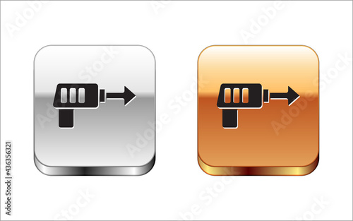 Black Fishing harpoon icon isolated on white background. Fishery manufacturers for catching fish under water. Diving underwater equipment. Silver-gold square button. Vector