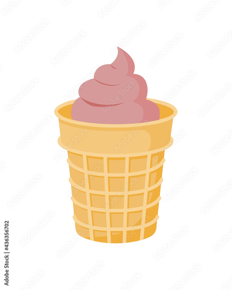 Ice cream, pink sorbet in a waffle cup. Vector illustration in a flat style, isolated on a white background.