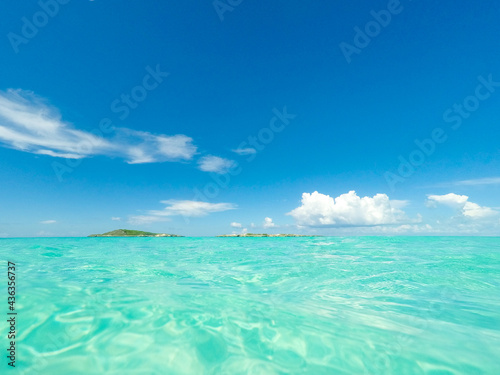 Clear blue sky with clouds and turquoise blue ocean water in the Caribbean