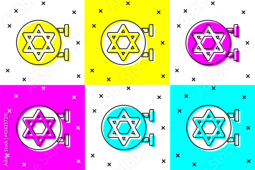 Set Jewish synagogue building or jewish temple icon isolated on color background. Hebrew or judaism construction with David star. Vector