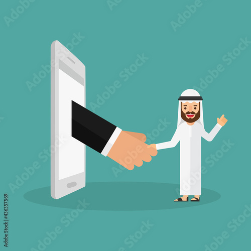 Arabic businessman shakes hands with someone from phone