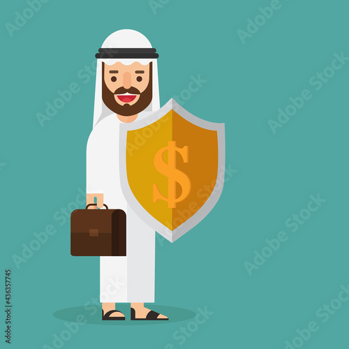 Arabian businessman holding money shield