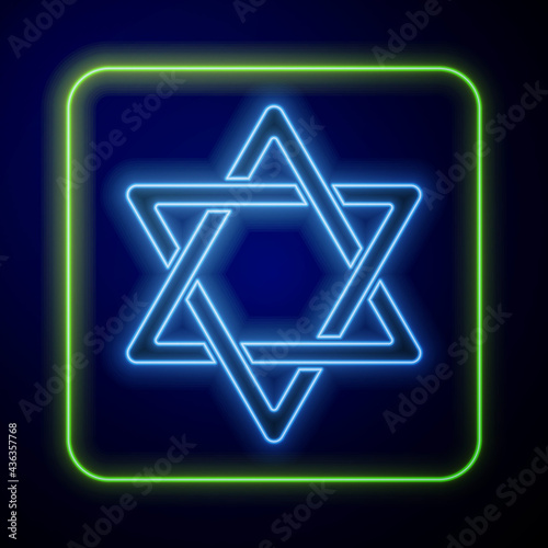 Glowing neon Star of David icon isolated on blue background. Jewish religion symbol. Symbol of Israel. Vector