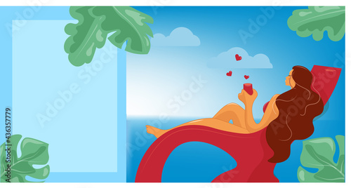 A young girl on the seashore in a sun lounger drinks a love drink, cocktail or wine. Summer, vacation at sea. Colorful banner to attract vacationers, advertising. Vector with place for text.