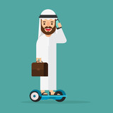 Arab businessman talking with mobile phone on hoverboarding