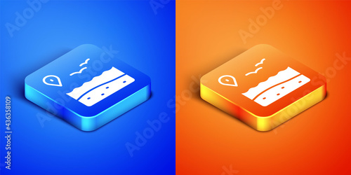 Isometric Location with beach icon isolated on blue and orange background. Tropical beach landscape. Good sunny day. Square button. Vector