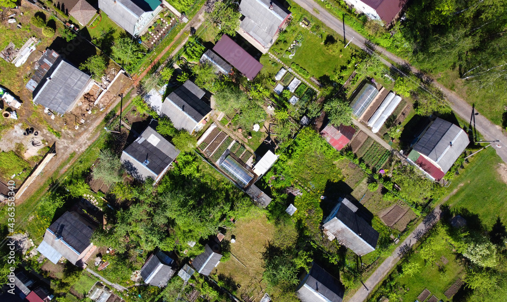 Aerial view from the drone of the suburb with houses and forest in summer Aerial view from the drone of the suburb with houses and forest in summer