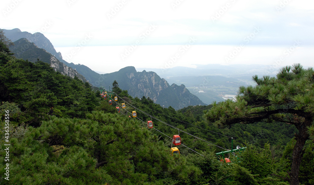 Lushan Mountain in Jiangxi Province, China. Cable cars ascending Mount ...