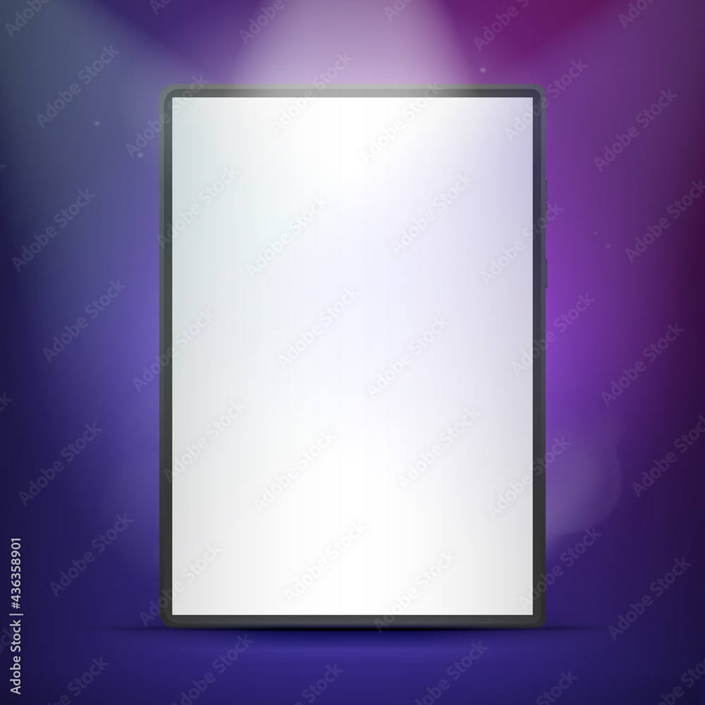 Tablet on a podium for a product presentation or showcase with spotlights on a blue colored background. 3D modern minimalist layout. Vector illustration.