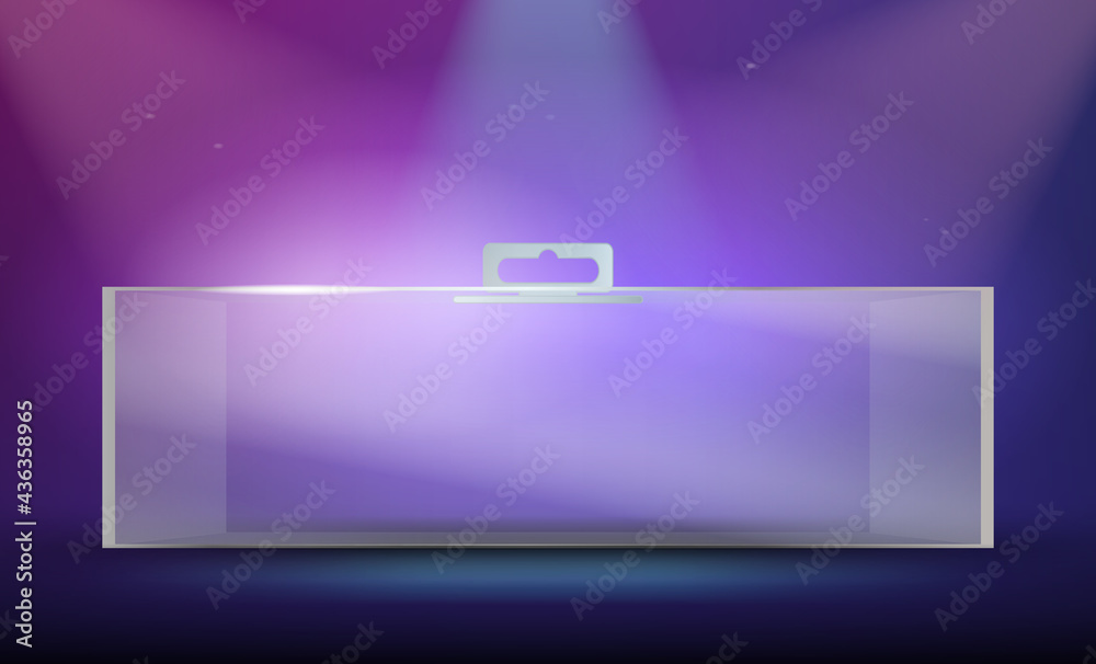 Realistic plastic packing box with hanging hole. Advertising Stage with realistic light. Realistic plastic packing box with hanging hole. Advertising Stage with realistic light.