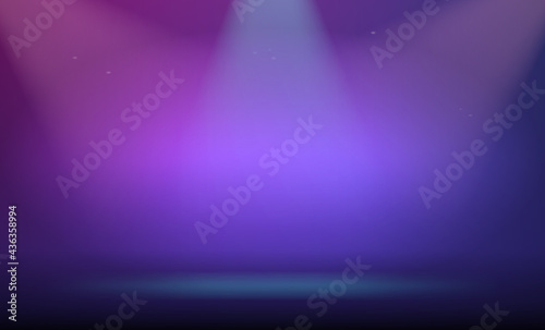 Purple background with rays from spotlights. Vector illustration.