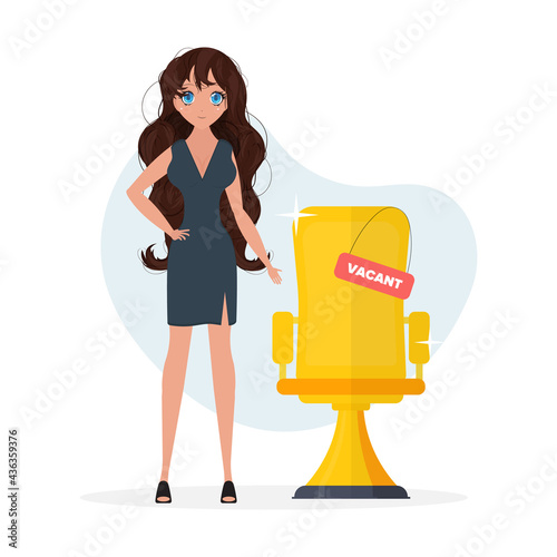 The girl is looking for an employee. Simple and trendy vector concept design. Friendly business woman standing next to a chair holding a vacant sign.