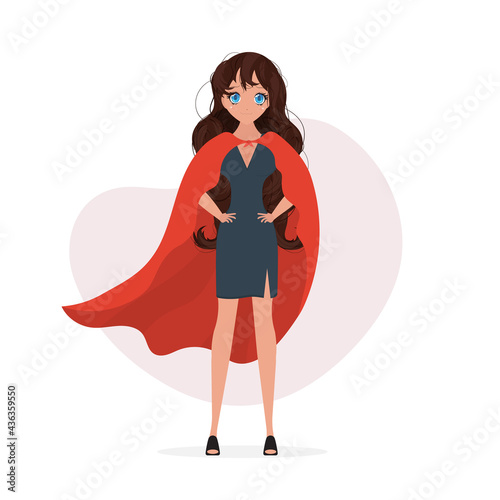Business woman in office style clothes. Modern lady businesswoman wearing red cloak like superhero. Cheerful cartoon character. Vector illustration on white background.