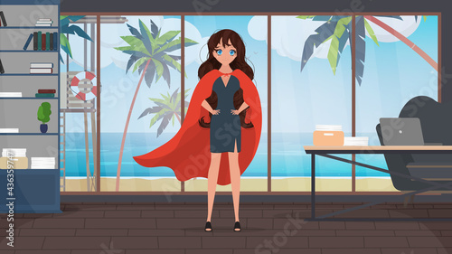 Businesswoman superhero girl. Business woman superhero. Vector illustration for web banner, infographic.