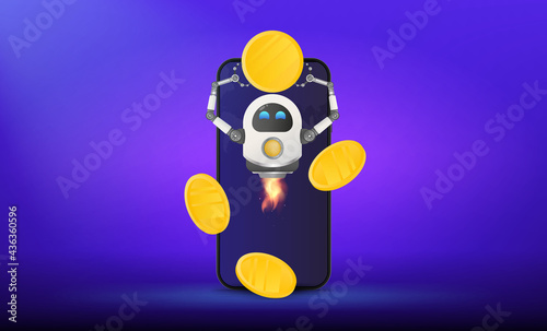 Flying robot holds a gold coin on the background of a mobile phone. Banner with space for text. Investment and capital increase concept. Vector.