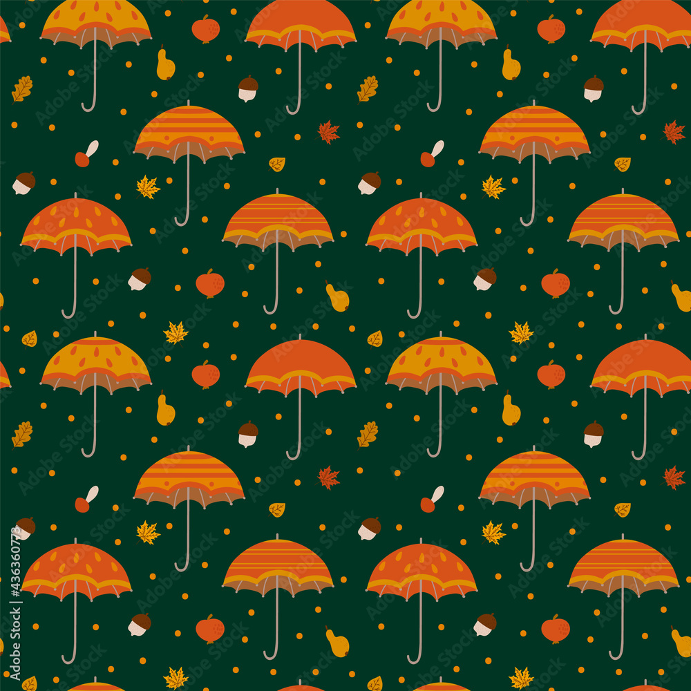 Autumn background with umbrellas. Doodle drawing concept, autumn foliage, umbrellas. Pattern for textiles autumn textiles. Vector illustration