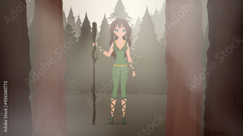 Amazon woman in the rainforest jungle. Cartoon style. Vector.