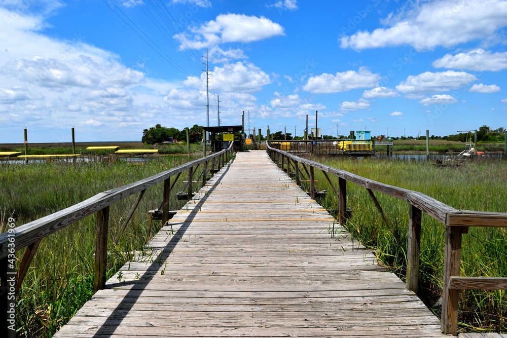 Boardwalk over the marshland background at Tybee Island, Georgia