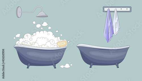 Bath full of foam with bubbles isolated on grey background. Retro bathtub empty. Bathroom design element. Vector illustration foam bath with soap bubbles. Sketching style.