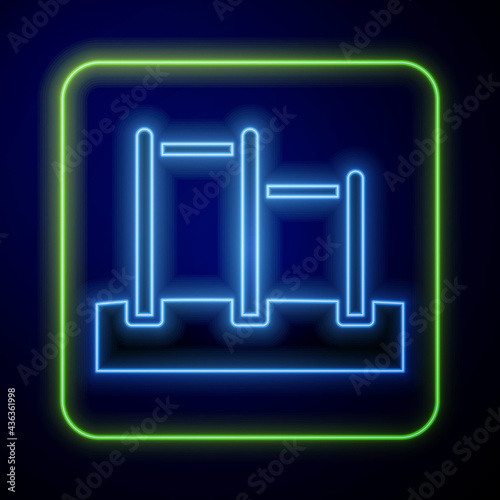 Glowing neon Sport horizontal bar icon isolated on blue background. Vector