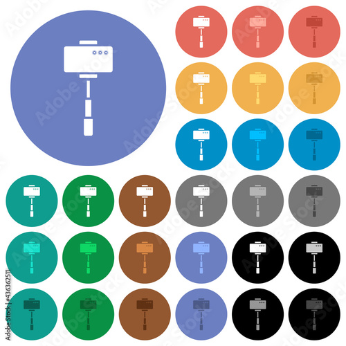 Smartphone on selfie stick back view round flat multi colored icons