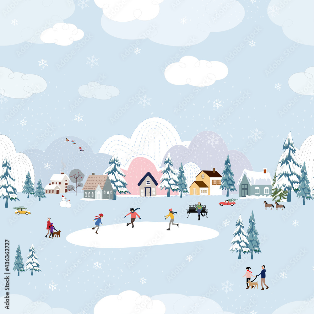 Seamless pattern Cute Christmas landscape in the town with fairy tale house,car,polar bear playing ice skate and pine tree,Vector Panorama flat design in village on Christmas eve, Holiday background