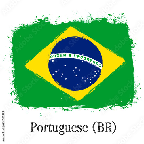 “Português do Brasil”- Portuguese in Brazil. Learn Brazilian language. Flag of Brazil, banner with grunge brush, vector illustration.