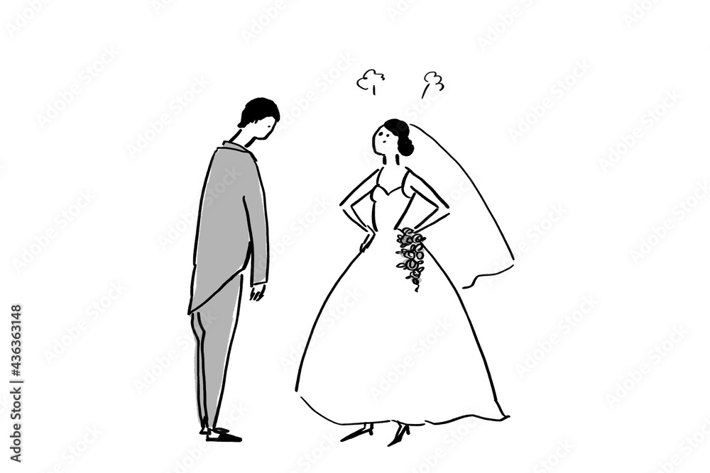 怒る、不満げな花嫁とうなだれる新郎、ウエディング、結婚式（白黒）