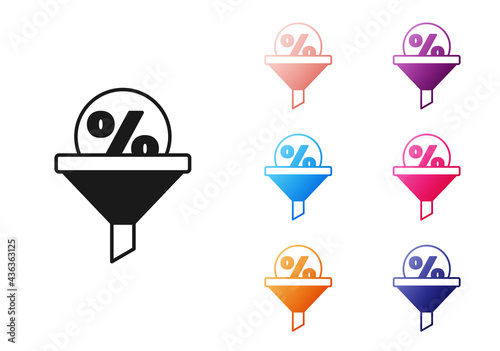 Black Lead management icon isolated on white background. Funnel with discount percent. Target client business concept. Set icons colorful. Vector