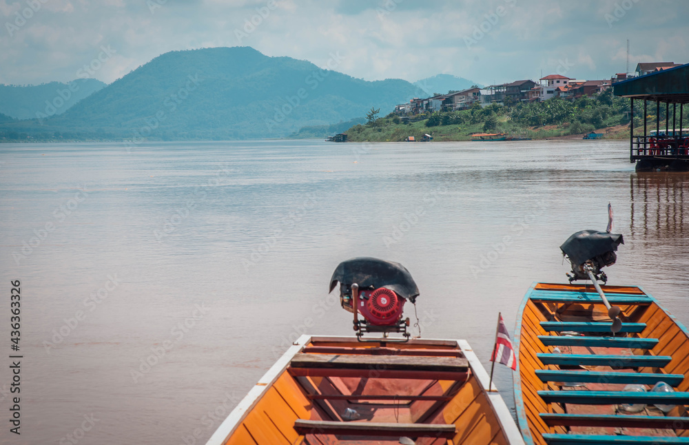 Local fishing boats used for fishing in the Mekong River, Chiang Khan District, Loei Province, Thailand