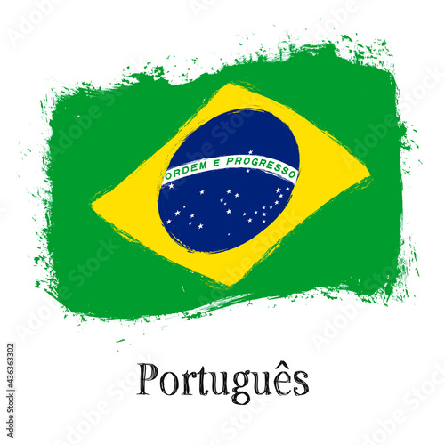 “Português do Brasil”- Portuguese in Brazil. Learn Brazilian language. Flag of Brazil, banner with grunge brush, vector illustration.