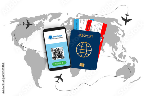 Passport with tickets and vaccination certificate. Smartphone immunity passport with airplane tickets inside.Vacation and travel concept .World map,flying airplanes,vacation concept