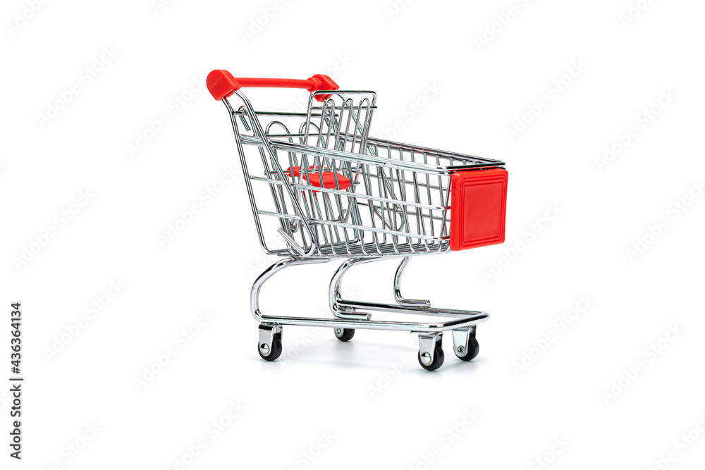 Close-up of Miniature Shopping Cart Against White Background.