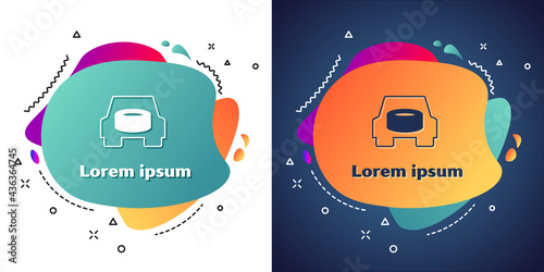 White Spare wheel in the car icon isolated on white and blue background. Process of replacing the wheel. Storage location of the spare wheel in the trunk. Abstract banner with liquid shapes. Vector