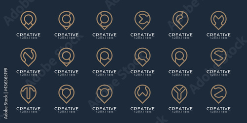 set of collection alphabet A - Z with location pin logo. minimalist line art style design for business company. premium vector