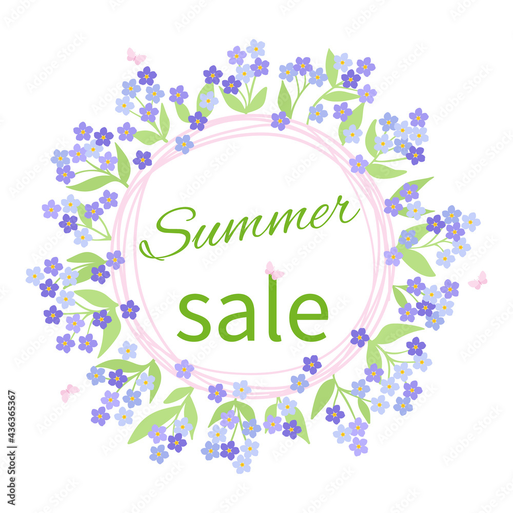 summer sale banner with blue and lilac forget-me-not flowers, with flying pink butterflies. vector illustration.