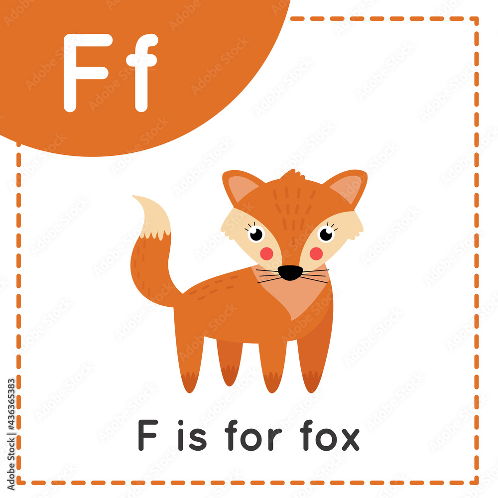 Learning English alphabet for kids. Letter F. Cute cartoon fox.