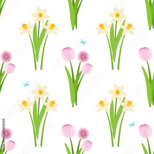 seamless pattern of blossoming fragrant daffodils and pink tulips, with fluttering blue butterflies. vector illustration.