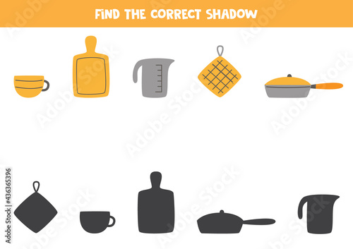 Find the correct shadows of kitchen tools. Logical puzzle for kids.