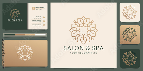 Feminine beauty salon and spa logo. line art monogram shape, abstract flower, minimalist, luxury golden design, icon and business card template. Premium Vector
