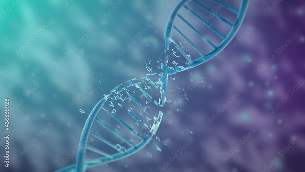 close up view of a dna double helix rotating, dna damage with tcga letters fliying around, concept of disorder or genetic mutation (3d render)