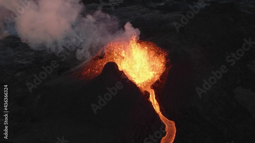 Incredible view from drone over crater of erupting volcano, Iceland. Aerial  photo