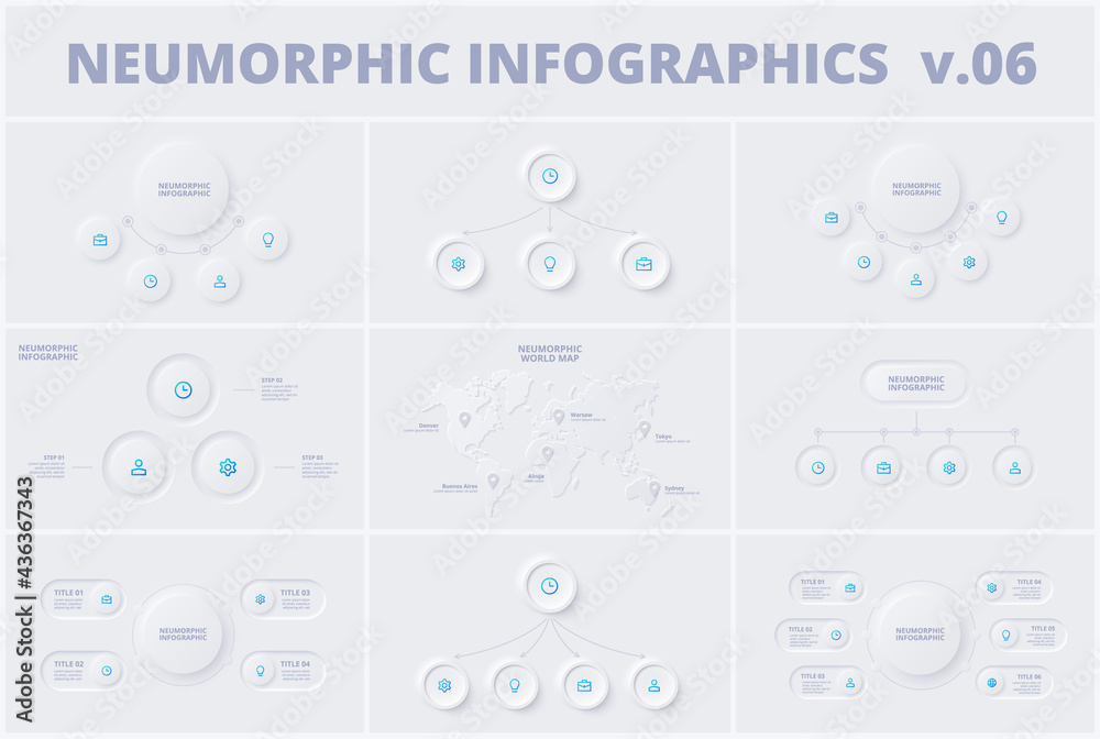 Set with neumorphic infographic design templates. Modern neumorphism vector illustration for presentation with 3, 4, 5 and 6 options or steps Set with neumorphic infographic design templates. Modern neumorphism vector illustration for presentation with 3, 4, 5 and 6 options or steps